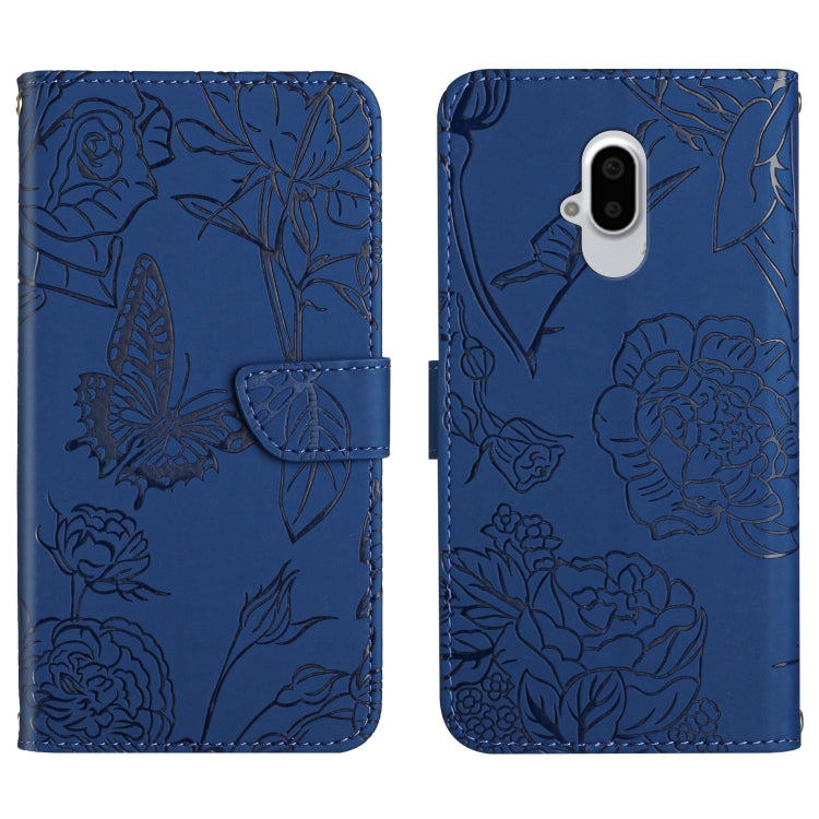 Blue embossed leather phone case with butterfly and peony floral pattern, vertical camera cutout