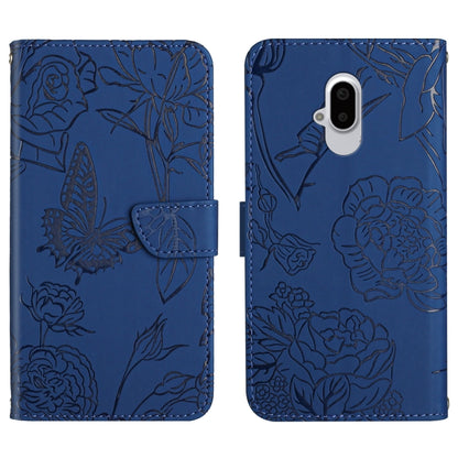 Blue embossed leather phone case with butterfly and peony floral pattern, vertical camera cutout