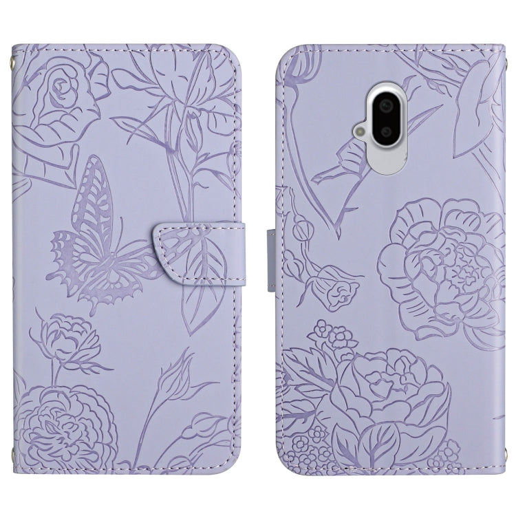 Lavender embossed leather phone case with butterfly and peony floral pattern, vertical camera cutout