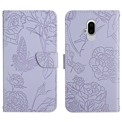 Lavender embossed leather phone case with butterfly and peony floral pattern, vertical camera cutout