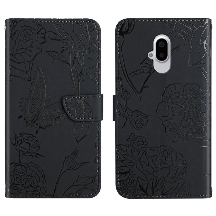 Black embossed leather folio phone case with floral butterfly design and single camera cutout