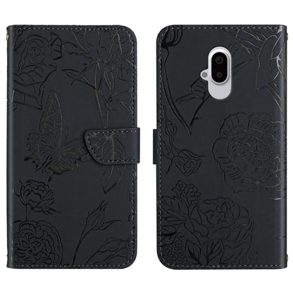 Black embossed leather folio phone case with floral butterfly design and single camera cutout