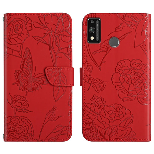 Red embossed leather phone case with butterfly-peony pattern, flip wallet with camera cutout