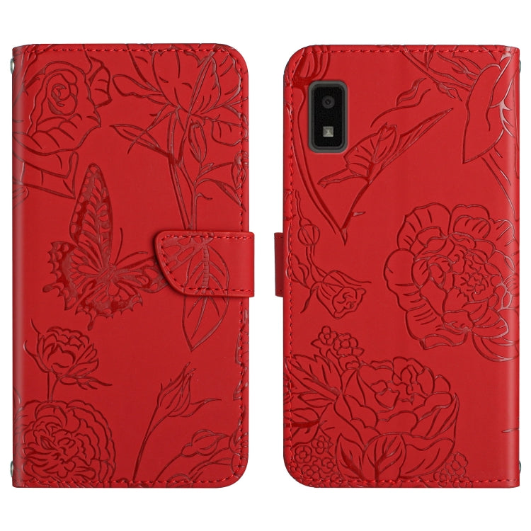 Red embossed floral butterfly leather phone wallet case, front and back view with flap