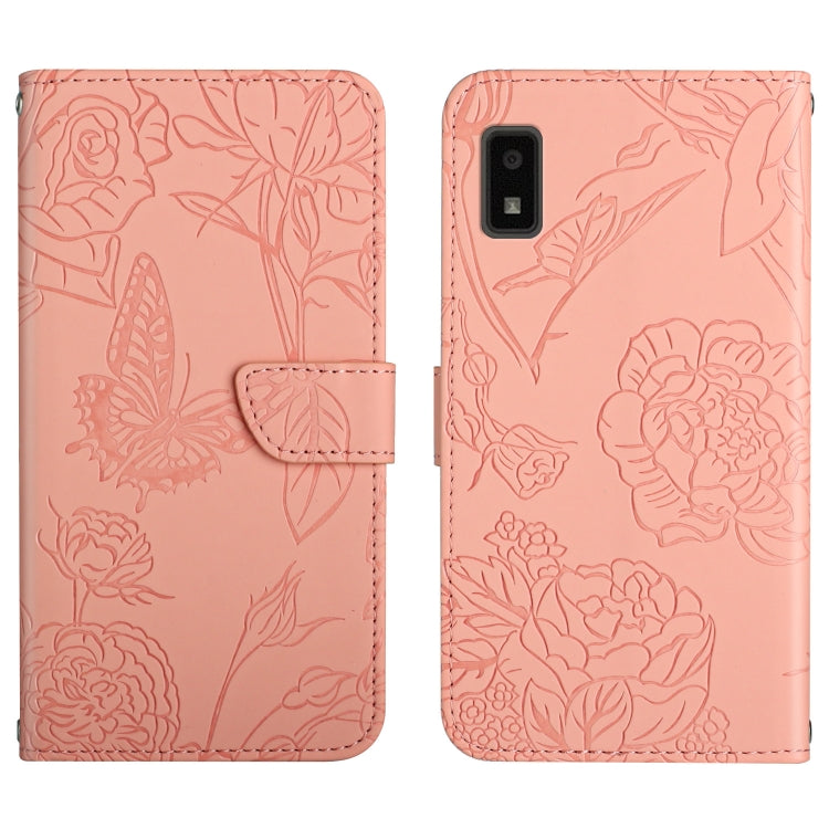 Pink butterfly peony embossed leather phone case with folio flap, button cutouts