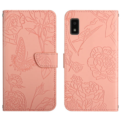 Pink butterfly peony embossed leather phone case with folio flap, button cutouts