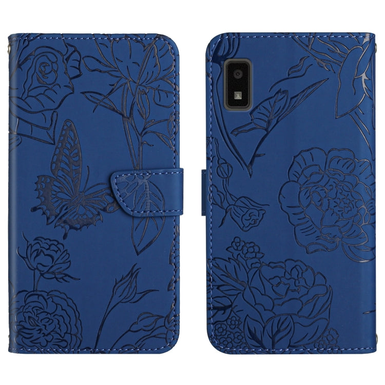 Blue butterfly peony embossed leather phone case with folio flap, button cutouts