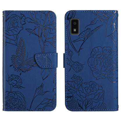 Blue butterfly peony embossed leather phone case with folio flap, button cutouts
