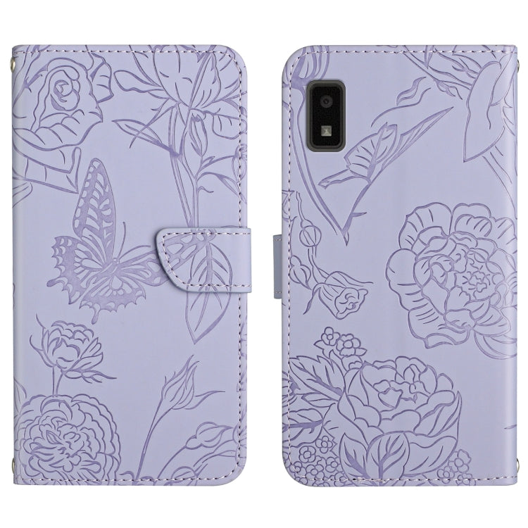 Lavender butterfly peony embossed leather phone case with folio flap, button cutouts
