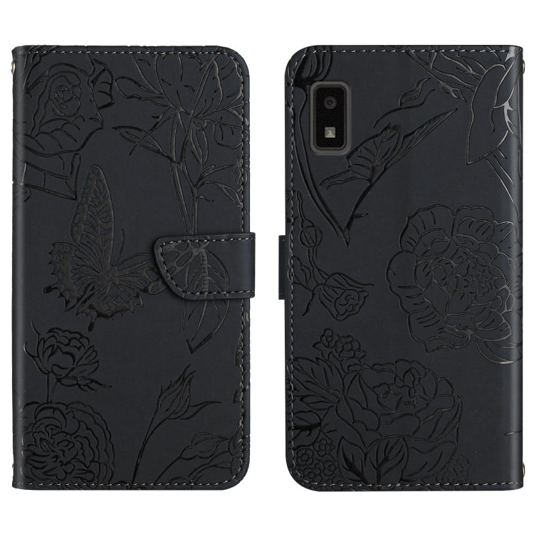 Black embossed floral butterfly leather phone case with folio flap and card slot