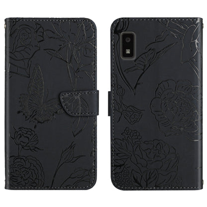 Black embossed floral butterfly leather phone case with folio flap and card slot
