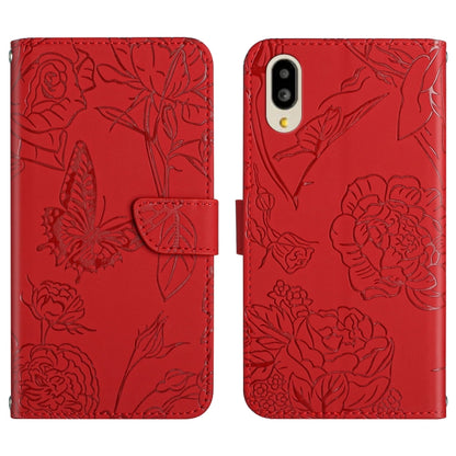 Red embossed floral butterfly leather phone wallet case, front and back with cutouts