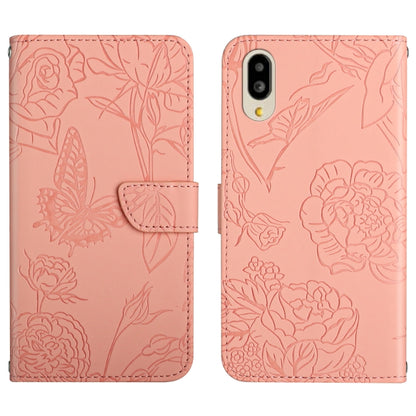 Pink butterfly peony embossed leather phone case with folio flap, camera and button cutouts
