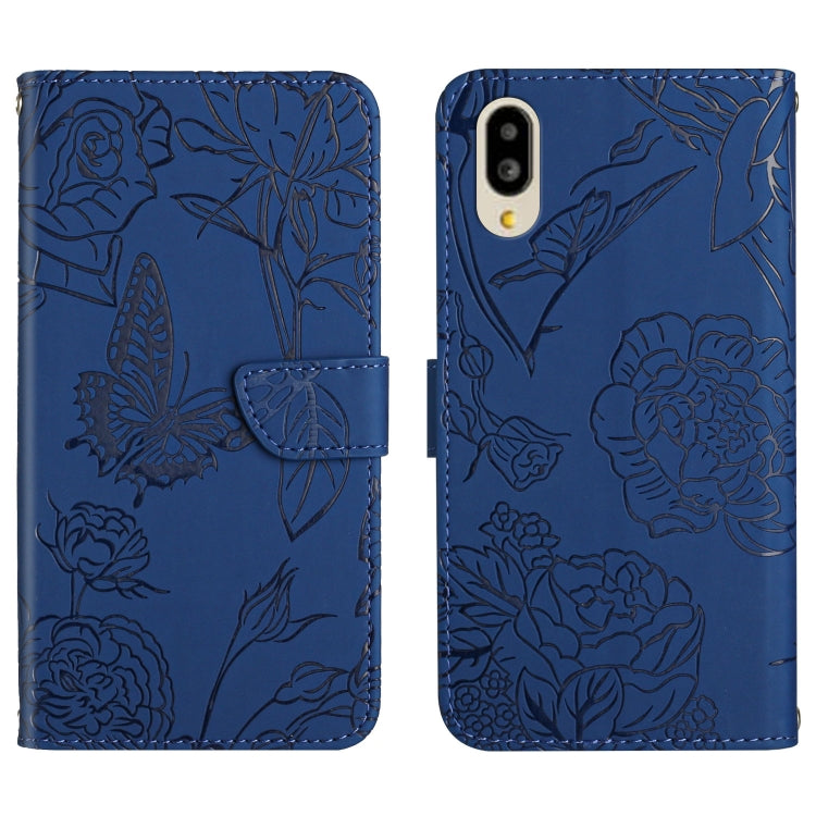Blue butterfly peony embossed leather phone case with folio flap, camera and button cutouts
