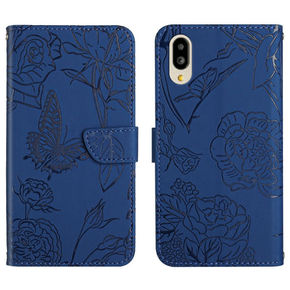 Blue butterfly peony embossed leather phone case with folio flap, camera and button cutouts