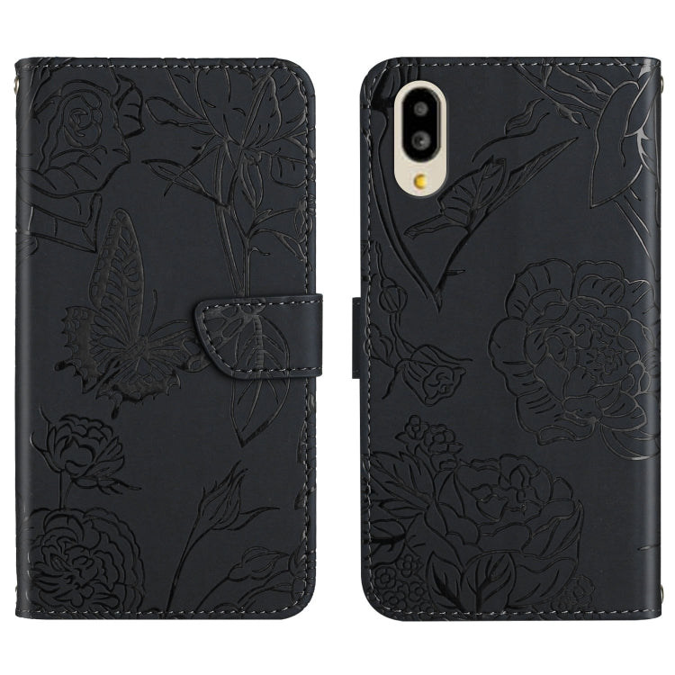 Black embossed floral butterfly leather phone case with folio flap and back camera cutouts