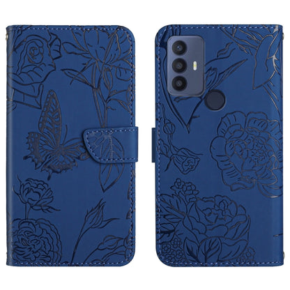 Blue butterfly peony embossed leather phone case with folio flap, multi-camera and fingerprint cutout