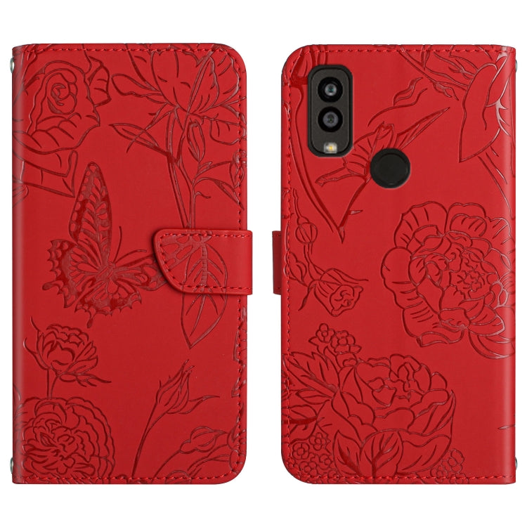 Red embossed leather phone wallet case back with camera cutout and round fingerprint sensor