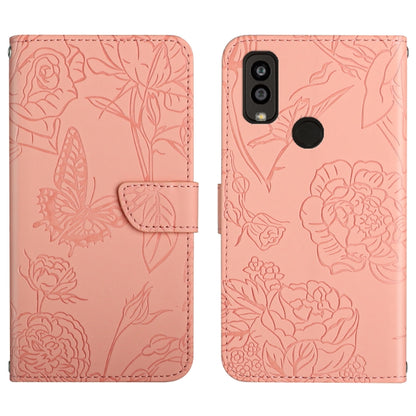 Pink butterfly peony embossed leather phone case with folio flap, camera and fingerprint cutout