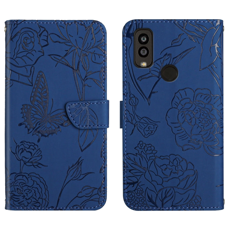 Blue butterfly peony embossed leather phone case with folio flap, camera and fingerprint cutout