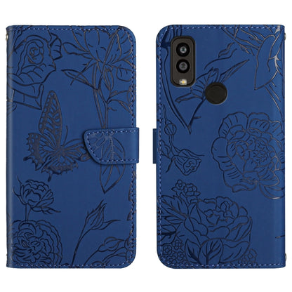 Blue butterfly peony embossed leather phone case with folio flap, camera and fingerprint cutout