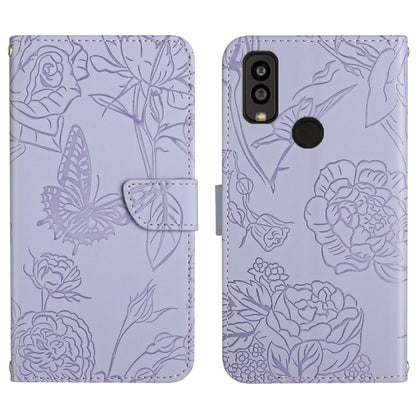 Lavender embossed floral butterfly leather phone case with folio flap and back camera cutouts