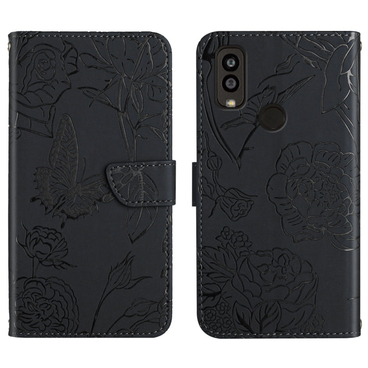 Black embossed floral butterfly leather phone case with folio flap and back camera cutouts