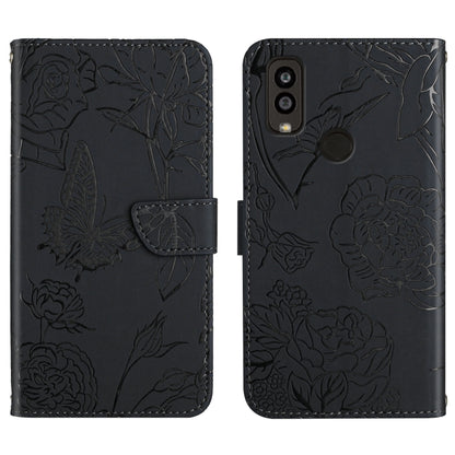 Black embossed floral butterfly leather phone case with folio flap and back camera cutouts