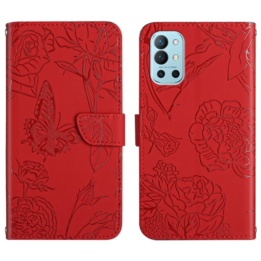 Red embossed leather phone case with butterfly and peony pattern, front and back view