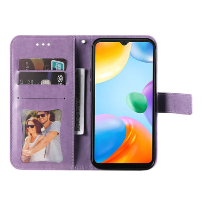 Light purple embossed floral flip phone case open with card slots and camera opening