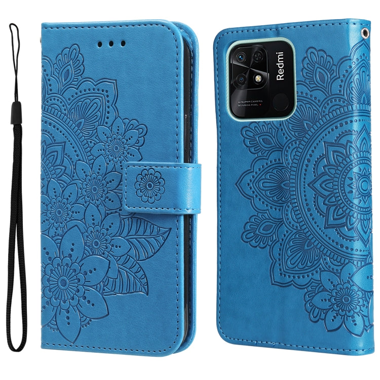 Blue embossed floral flip phone case with wrist strap and camera cutout