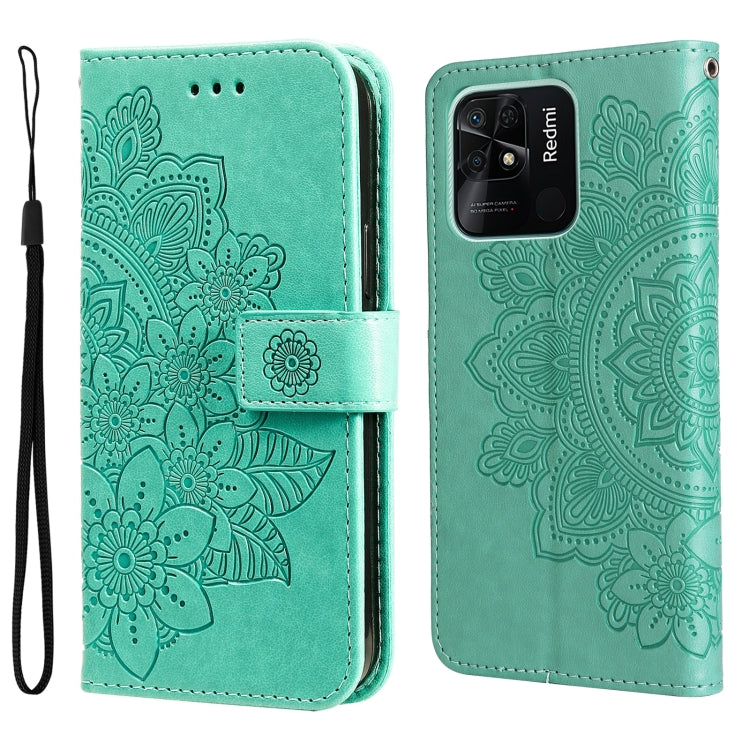 Green embossed floral flip phone case with wrist strap and camera cutout