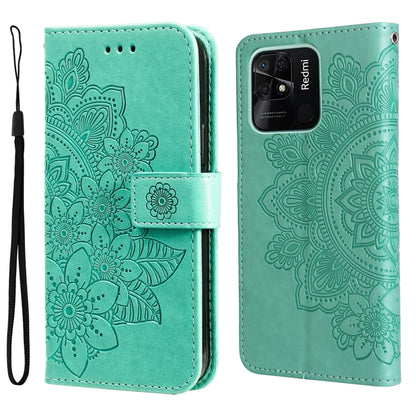 Green embossed floral flip phone case with wrist strap and camera cutout
