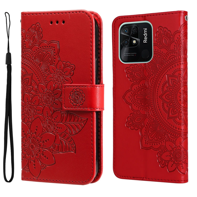 Red embossed floral flip phone case with wrist strap and camera cutout