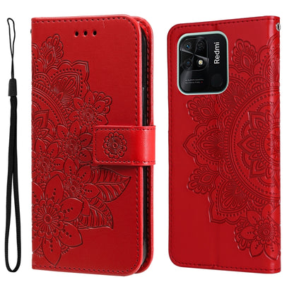 Red embossed floral flip phone case with wrist strap and camera cutout