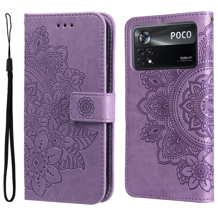 Purple embossed flower flip phone case with magnetic clasp and wrist strap.