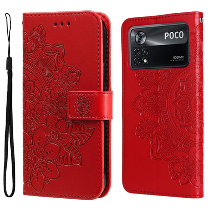 Red embossed flower flip phone case with magnetic clasp and wrist strap.