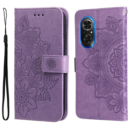 Purple embossed flower flip phone case with camera cutout and wrist strap.