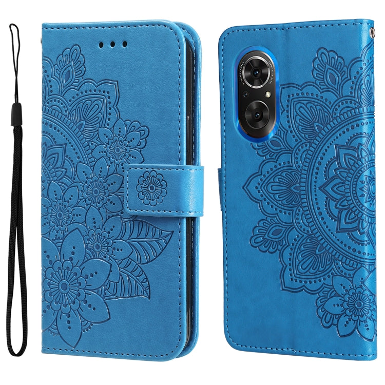 Blue embossed flower flip phone case with camera cutout and wrist strap.