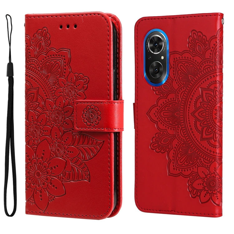 Red embossed flower flip phone case with camera cutout and wrist strap.