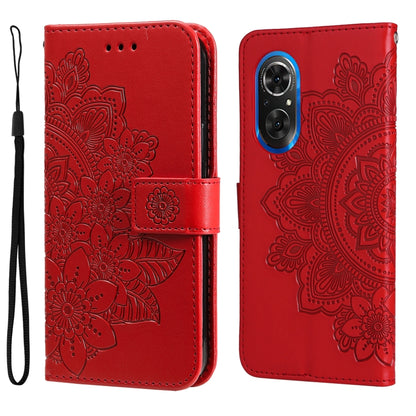 Red embossed flower flip phone case with camera cutout and wrist strap.