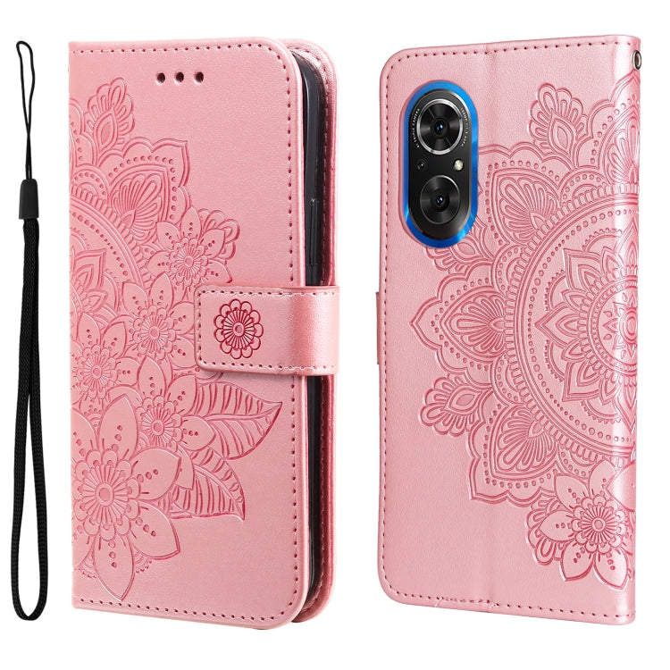 Rose pink embossed floral flip phone case with wrist strap, shown open and closed