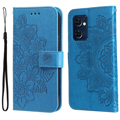 Blue embossed floral flip phone case with wrist strap, shown open and closed