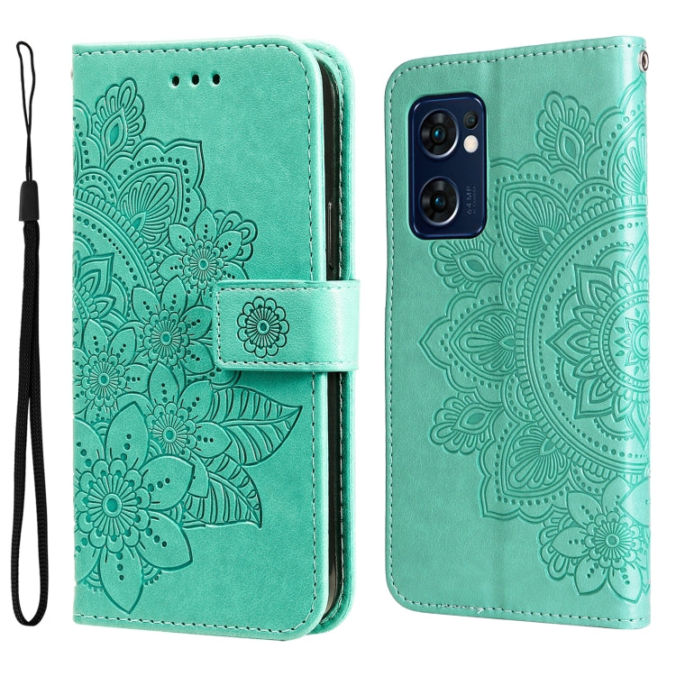 Mint green embossed floral flip phone case with wrist strap, shown open and closed