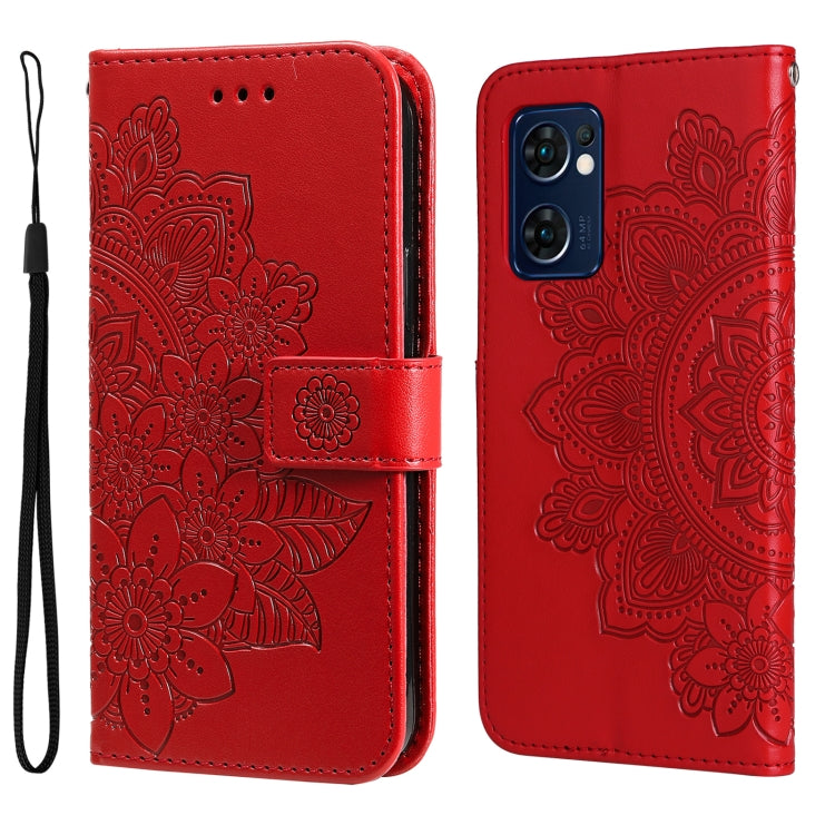 Red embossed floral flip phone case with wrist strap, shown open and closed