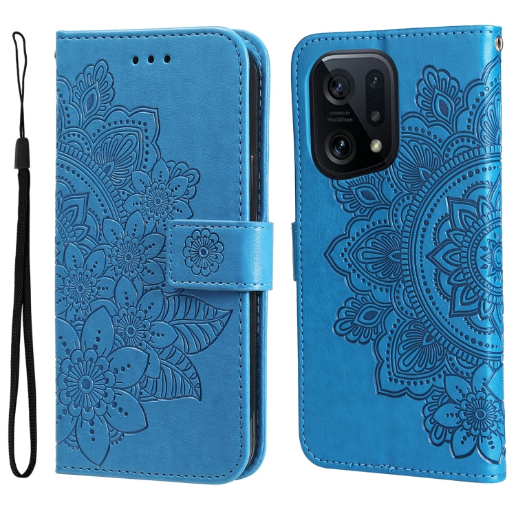 Blue embossed floral flip phone case with wrist strap, shown open and closed