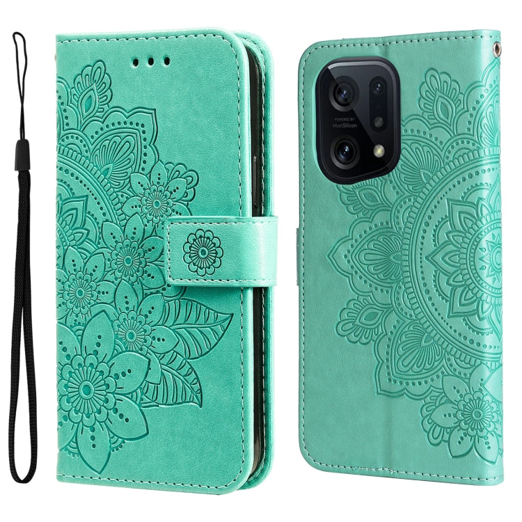 Mint green embossed floral flip phone case with wrist strap, shown open and closed