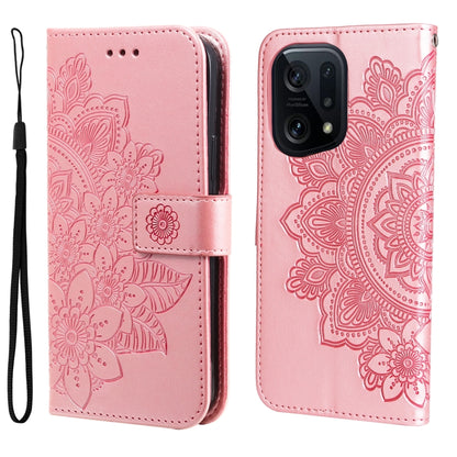 Light pink flip phone case with embossed 7-petal floral pattern and wrist strap