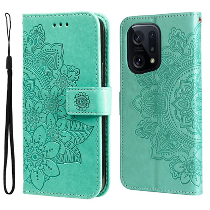 Green flip phone case with embossed 7-petal floral pattern and wrist strap