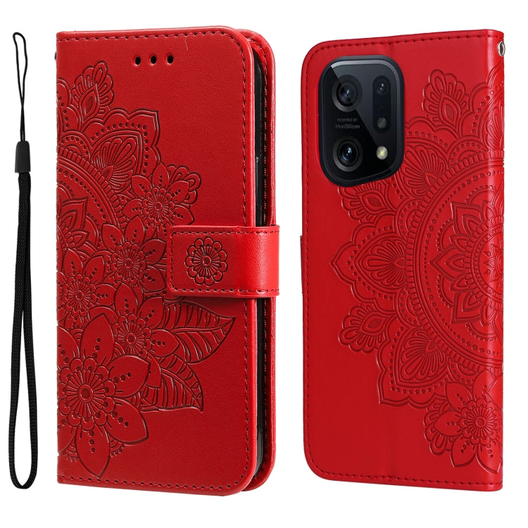 Red flip phone case with embossed 7-petal floral pattern and wrist strap